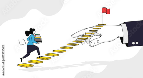 A person climbing steps made of coins towards a goal with a helping hand guiding the way representing career growth and financial advancement