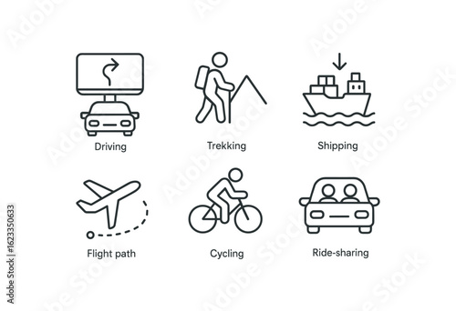 simple outline stroke icon items monoline icons style isolated on white background navigation system (uses): driving trekking shipping flight path cycling ride sharing