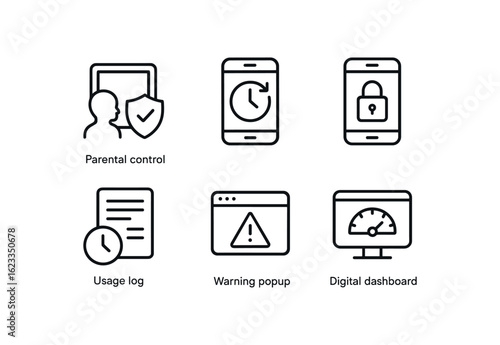 simple outline stroke icon items monoline icons style isolated on white background screen time limit (tools): parental control app timer lock screen usage log warning popup digital dashboard