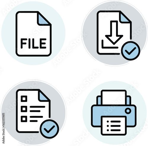 Four simple icons representing file operations and printing