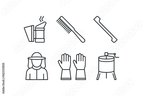 simple outline stroke icon items monoline icons style isolated on white background beekeeper (tools): hive smoker bee brush hive tool beekeeping suit gloves honey extractor