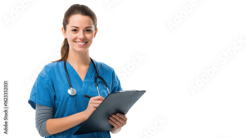 Wallpaper Mural Smiling nurse holding clipboard in scrubs, isolated on white background. Torontodigital.ca