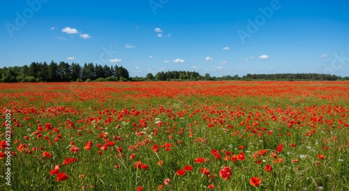Poppy Field Paradise Red Blooms Under Azure Skies with Summers Embrace.