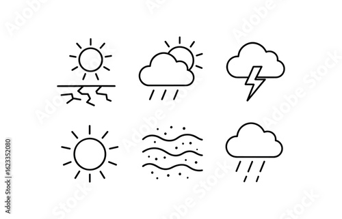 simple outline stroke icon items monoline icons style isolated on white background savanna ecosystem (weather): dry season wet season thundercloud sun glare dust rainfall