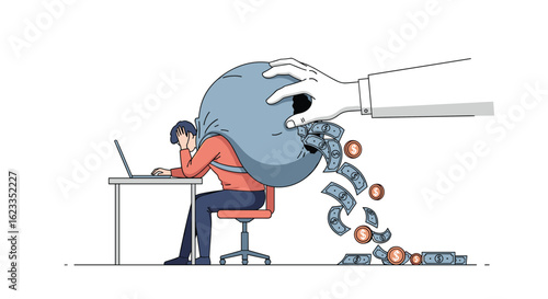 Overwhelmed worker struggling under heavy financial burden while trying to manage workload and debt