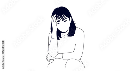 Faceless Woman Depicting Emotional Distress and Mental Strain, Minimalist Line Art Illustration Style, Isolated on White Background