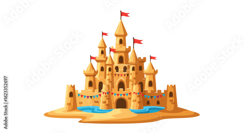 Artistic sandcastle with red flags and festive pennants evoking childhood memories of idyllic beach vacations and creative seaside architecture