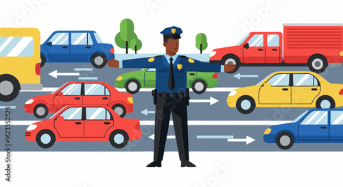 Animated traffic management showcasing a policeman regulating flow amidst colorful vehicles and stylized trees in a urban setting