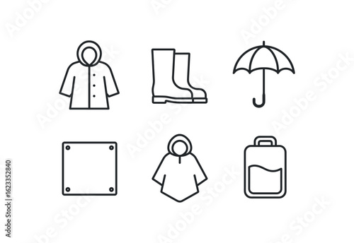 simple outline stroke icon items monoline icons style isolated on white background monsoon season (gear): raincoat umbrella tarp poncho water bag
