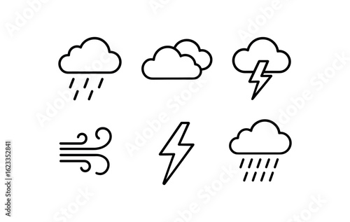 simple outline stroke icon items monoline icons style isolated on white background monsoon season (weather): heavy rain dark clouds thunderstorm wind gust lightning downpour