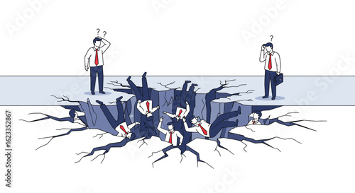Employees falling into a deep crack in the ground a metaphor for business failure and economic recession