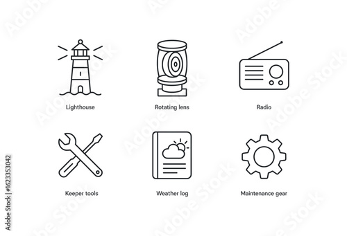 simple outline stroke icon items monoline icons style isolated on white background lighthouse (equipment): signal light rotating lens radio keeper tools weather log maintenance gear