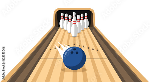 Dynamic Bowling Action: Vector Illustration of a Blue Bowling Ball Aiming for the Pins on a Wooden Lane
