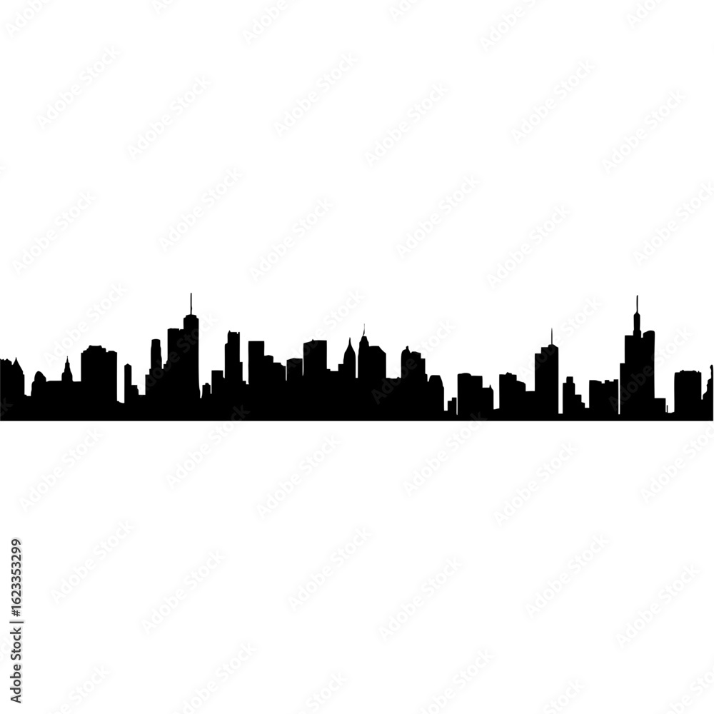 Panoramic city skyline silhouette isolated on a white background. Vector graphic of a modern metropolitan cityscape with towers and buildings.