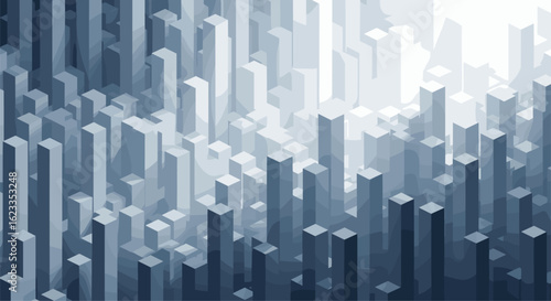 Abstract geometric cityscape with misty atmosphere and faint sunlight illuminating tall structures