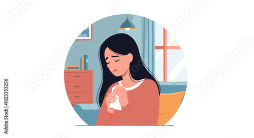 A young woman with long black hair is expressing sadness and sorrow in an interior setting, conveying a sense of emotional distress and vulnerability