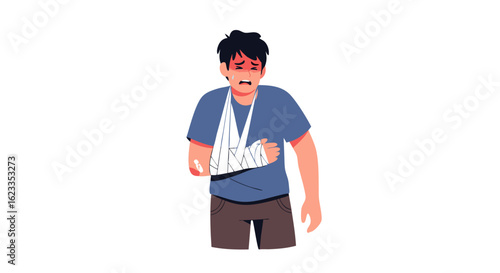Illustrated depiction of a young man with a broken arm, supported by a sling, showcasing discomfort and physical injury portrayal