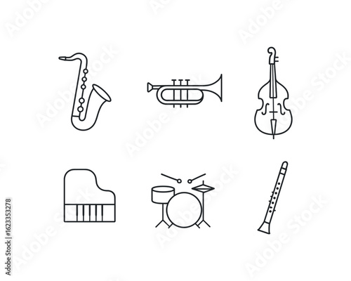 simple outline stroke icon items monoline icons style isolated on white background jazz (instruments): saxophone trumpet upright bass piano drums clarinet