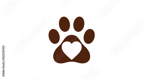Adorable brown animal paw print with heart-shaped pad expressing affection for pets, symbolizing love and care through its unique design and color