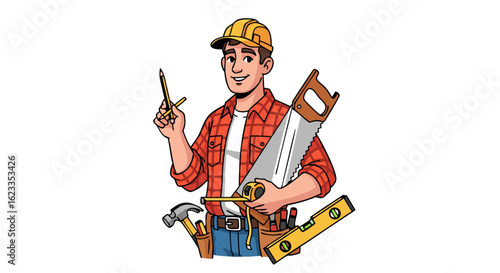 Illustrative depiction of a cheerful tradesman ready to undertake diverse construction and carpentry projects with his reliable toolkit