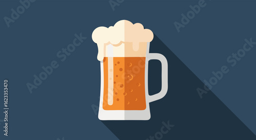 Flat vector illustration of a beer mug with foam on a dark background design with simple shapes and long shadows graphic