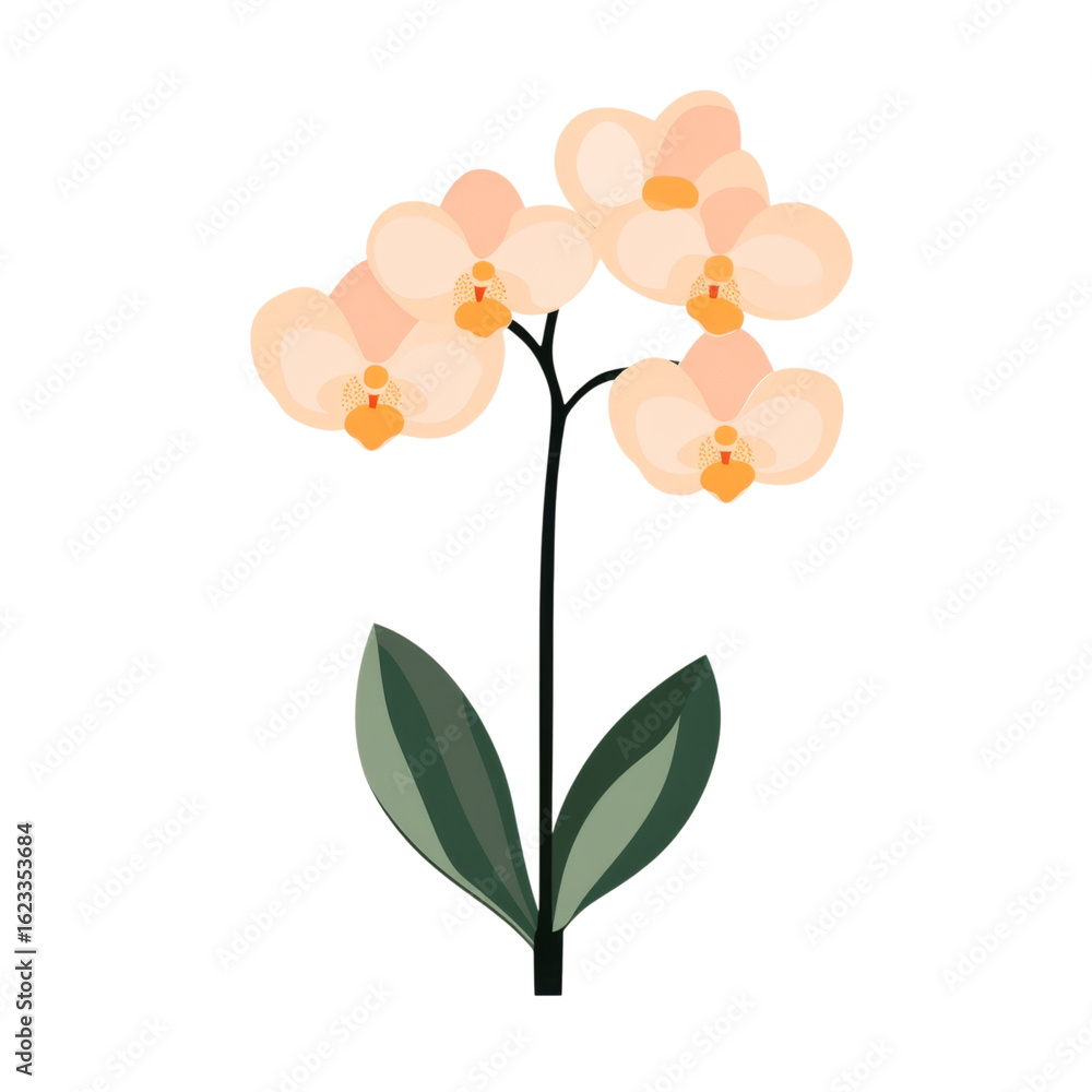 Naklejka premium Beautiful orchid blossom with soft peach petals and green leaves, symbolizing elegance and grace
