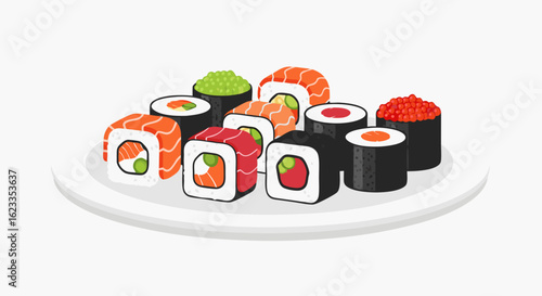 Colorful sushi platter, a delightful assortment of flavors and textures, a culinary adventure for the senses on a minimalist white background