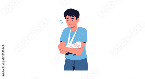 Injured man with a fractured arm and sling shows discomfort and sadness in a stylized vector illustration depiction of injury and vulnerability