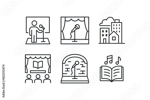 simple outline stroke icon items monoline icons style isolated on white background slam poetry (scenes): spoken word stage open mic night urban setting school auditorium underground club