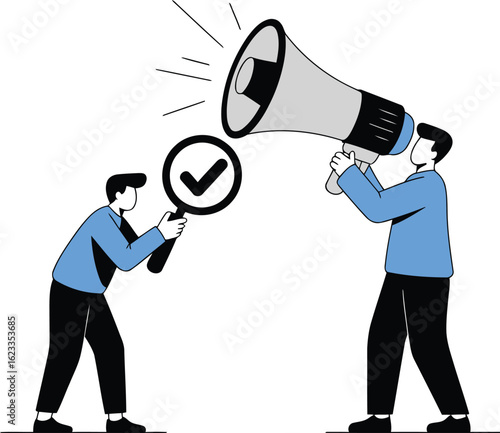 Man with megaphone announcing verified checkmark found with magnifying glass