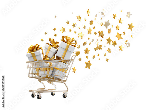  A shopping cart filled with gifts, adorned with golden ribbons and glittering stars against a white background  
