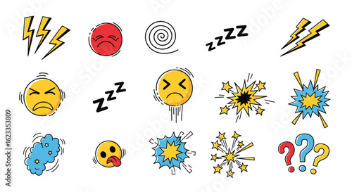 Collection of angry emotion symbols and comic book sound effects for expressing frustration and aggravation