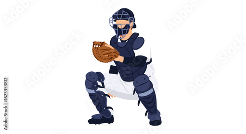 Baseball catcher poised, ready to receive the pitch, focused on the game at the stadium with detailed equipment and gear, preparing for action on