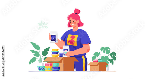 Cheerful young volunteer sorting donations for charity project, distributing necessities and aid in community, illustration displaying generosity