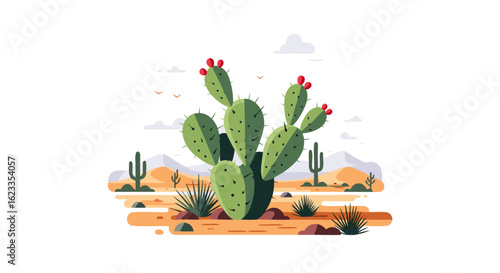 Stylized prickly pear cactus illustration basking under desert sun in arid landscape, evoking a sense of tranquility and nature's resilience with