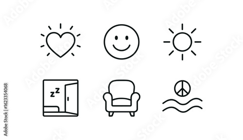 simple outline stroke icon items monoline icons style isolated on white background contentment (symbols): heart glow smile icon sunbeam quiet room cozy chair peace wave