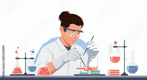 Scientist conducting experiment with lab equipment for scientific breakthroughs exploration and innovation, research and development in laboratory