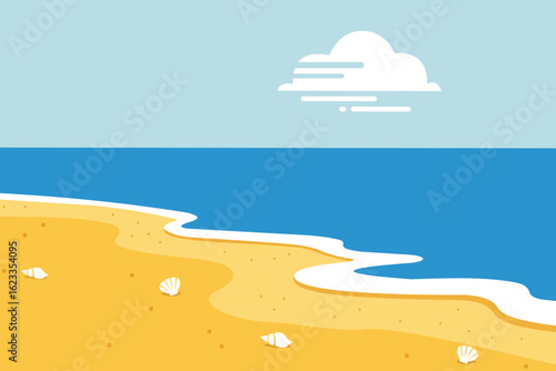 Vector illustration of a sandy beach with scattered seashells near a calm ocean under a blue sky