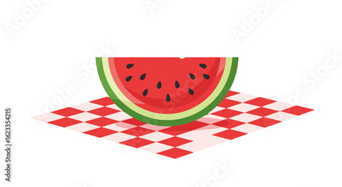 Vibrant watermelon slice on checkered pattern brings freshness and summer vibe depiction of healthy eating on a fun backdrop evokes thoughts of