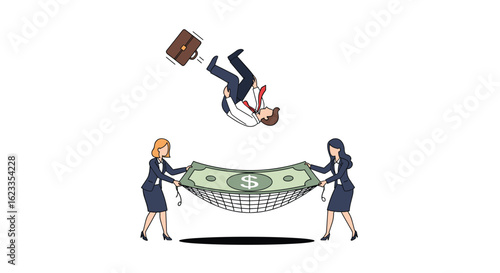 Businesspeople successfully catch falling executive in a money net