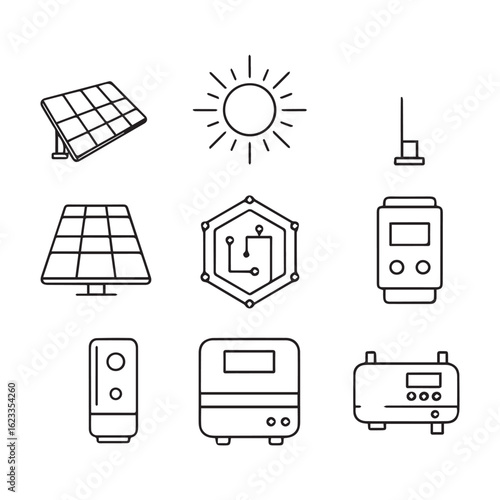 Solar power system icons showing panels sun energy meter and inverter
