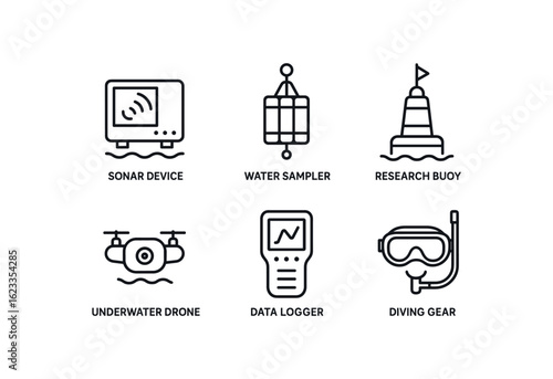 simple outline stroke icon items monoline icons style isolated on white background oceanographer (tools): sonar device water sampler research buoy underwater drone data logger diving gear