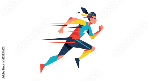 Dynamic abstract runner sprinting forward with a vibrant color scheme and motion blur effects
