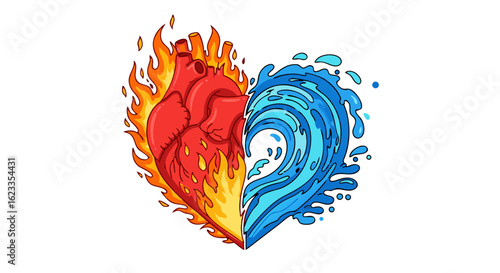 Dualistic heart representing passion and tranquility, blending fire's intensity with water's serenity, symbolizes complex emotions