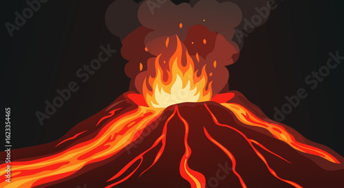 Stylized Volcano Eruption Depiction with Flowing Lava Streams and Dense Smoke Illustration