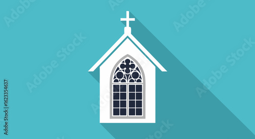 Minimalist Church Illustration with Long Shadow on Turquoise Background Depicting Faith and Architecture