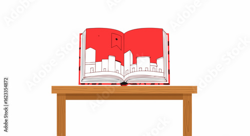 Cityscape narrative unfolds from open book resting on wooden table evoking storytelling essence through minimalist illustration on pristine white