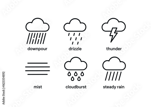 simple outline stroke icon items monoline icons style isolated on white background rainy season (weather): downpour drizzle thunder mist cloudburst steady rain