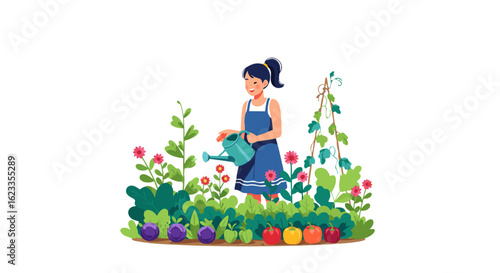 Joyful Gardener Watering Colorful Vegetables in a Serene and Lush Growing Space