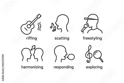 simple outline stroke icon items monoline icons style isolated on white background musical improvisation (actions): riffing scatting freestyling harmonizing responding exploring